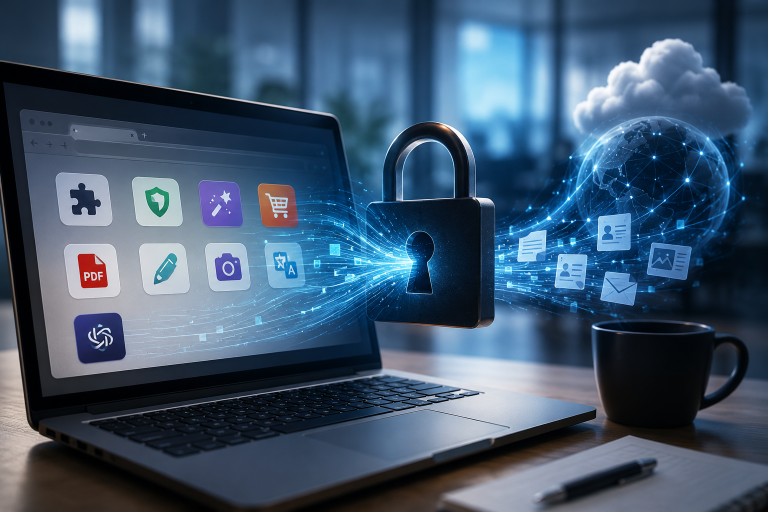 Browser extensions on a laptop appear to pull sensitive business data through an unlocked digital security barrier into the cloud.
