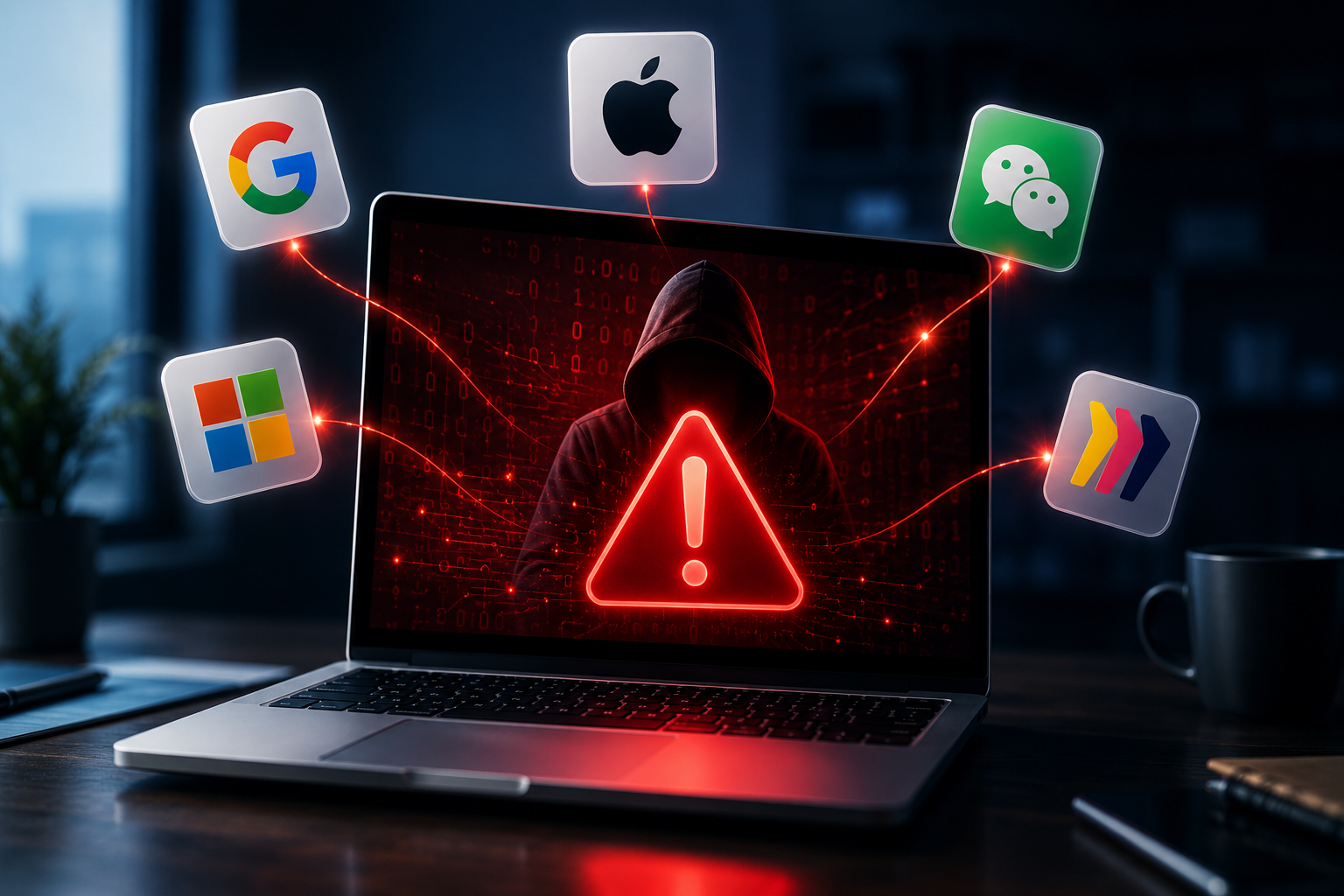 MacBook laptop showing a red cyber warning with a shadowy hacker figure and spoofed trusted app icons, representing rising scam and malware threats targeting Mac users.
