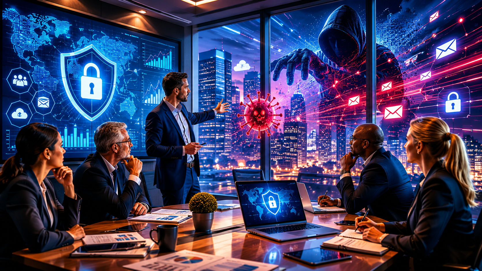 Corporate leaders review cybersecurity risks in a boardroom as AI-driven digital threats appear over a city skyline.