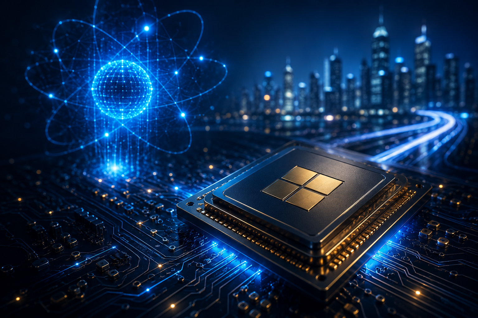 Futuristic quantum computing chip glowing on a circuit board with digital data trails and a city skyline, symbolizing strategic IT planning and cybersecurity readiness.