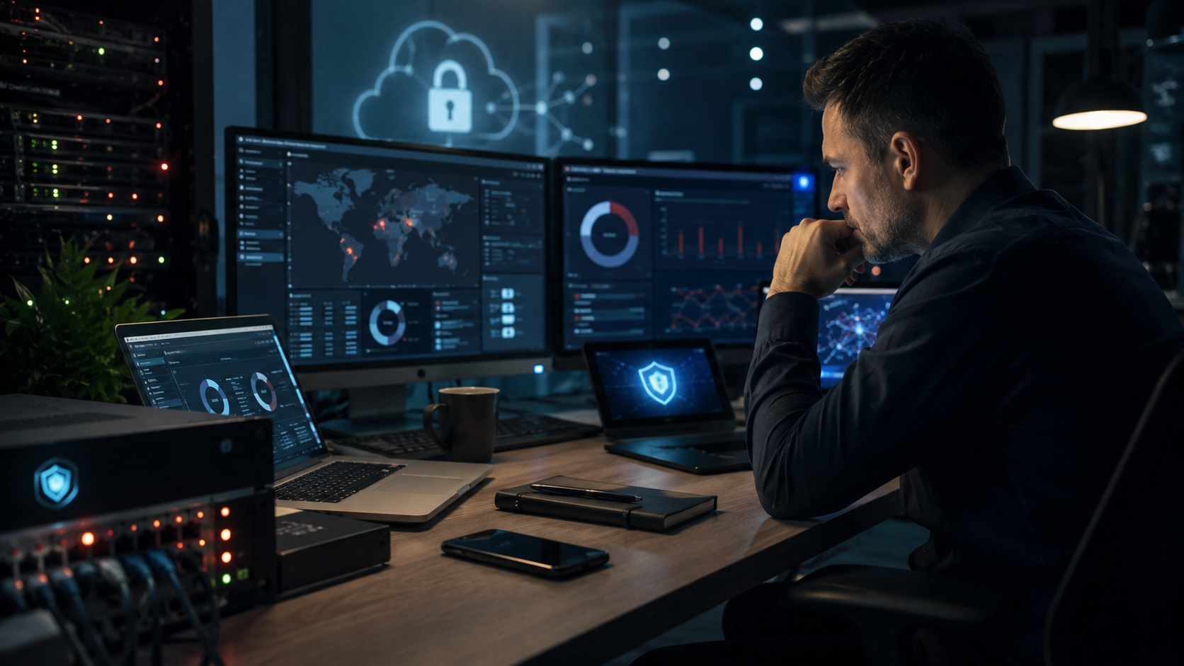 IT professional monitoring cybersecurity dashboards for patch management and vulnerability protection.