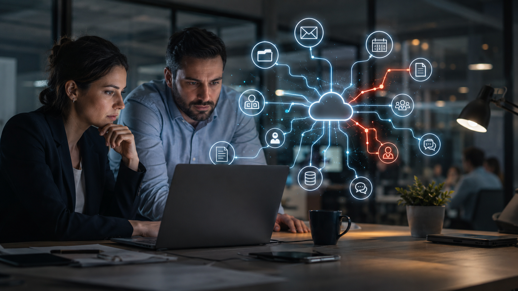 Business team reviewing cloud application connections and hidden data exposure risks in a cybersecurity office setting.