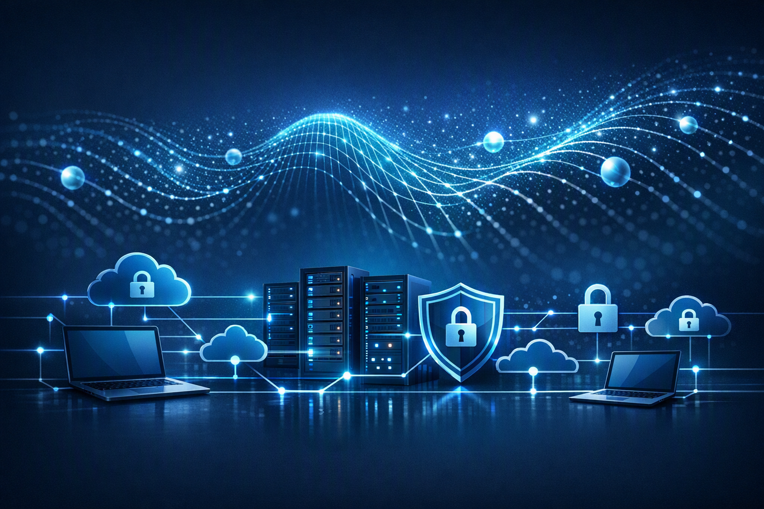 Connected business systems and encryption locks with a quantum computing pattern in the background.