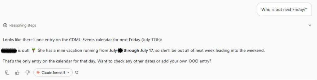 The assistant can check the shared out-of-office calendar so employees can plan around existing absences.