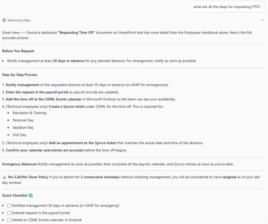 The assistant can find the more detailed SharePoint procedure when the handbook alone does not provide enough detail.