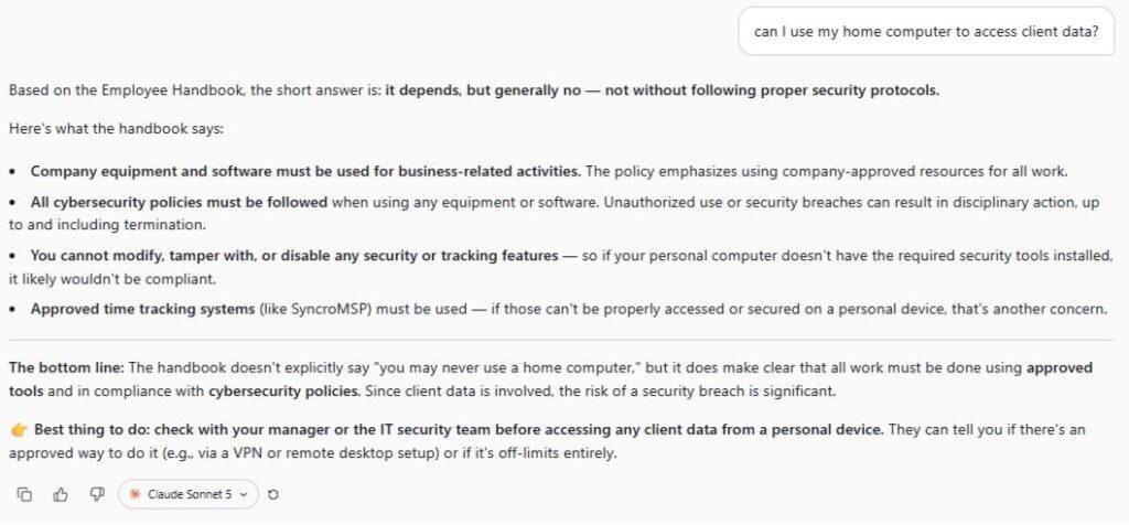 The assistant can reinforce internal security policies at the moment employees ask practical questions.