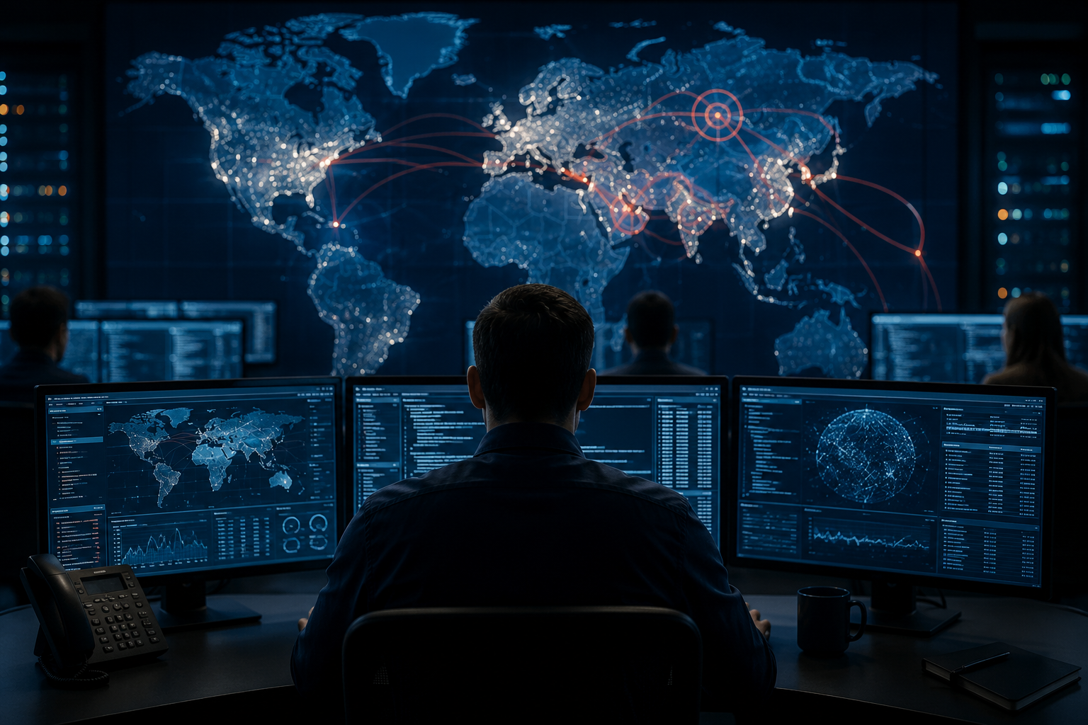 Cybersecurity analyst monitoring global cyber threats from a high-tech security operations center with a digital world map representing international cyber espionage and network attacks.