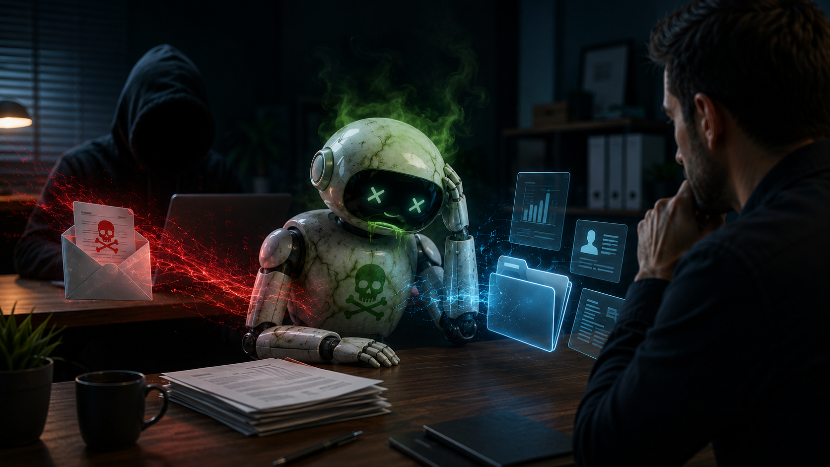 A poisoned AI robot sits at an office desk surrounded by green fumes and corrupted digital effects while a hooded hacker secretly feeds it malicious instructions and a concerned business owner watches nearby.