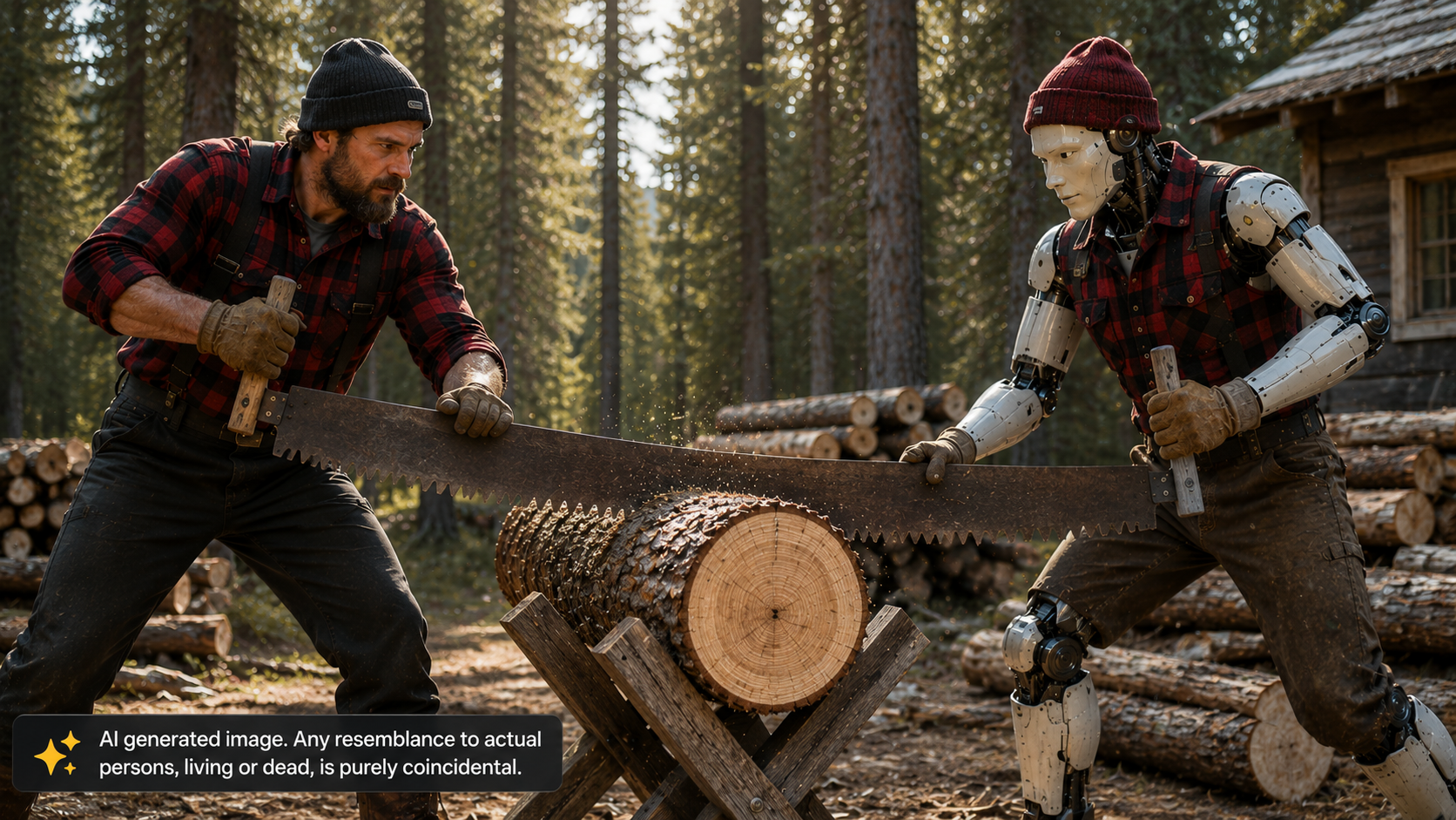 Human lumberjack and humanoid robot working together to cut a log with a two-person saw, symbolizing collaboration between people and AI.