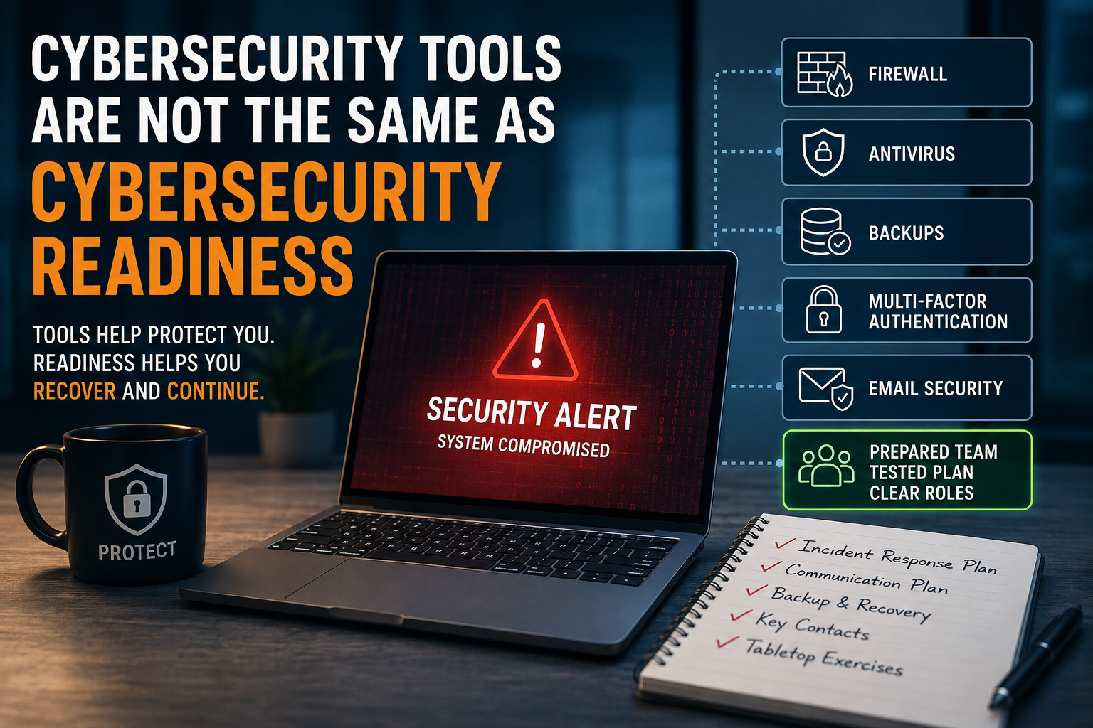 Cybersecurity readiness concept showing security tools, incident response planning, backup recovery, and tabletop exercise preparation.
